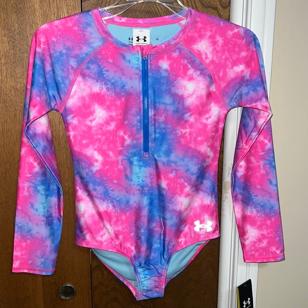 NWT Under Armour Pink blue & purple Long Sleeve Rashguard Girls One-Piece UPF30